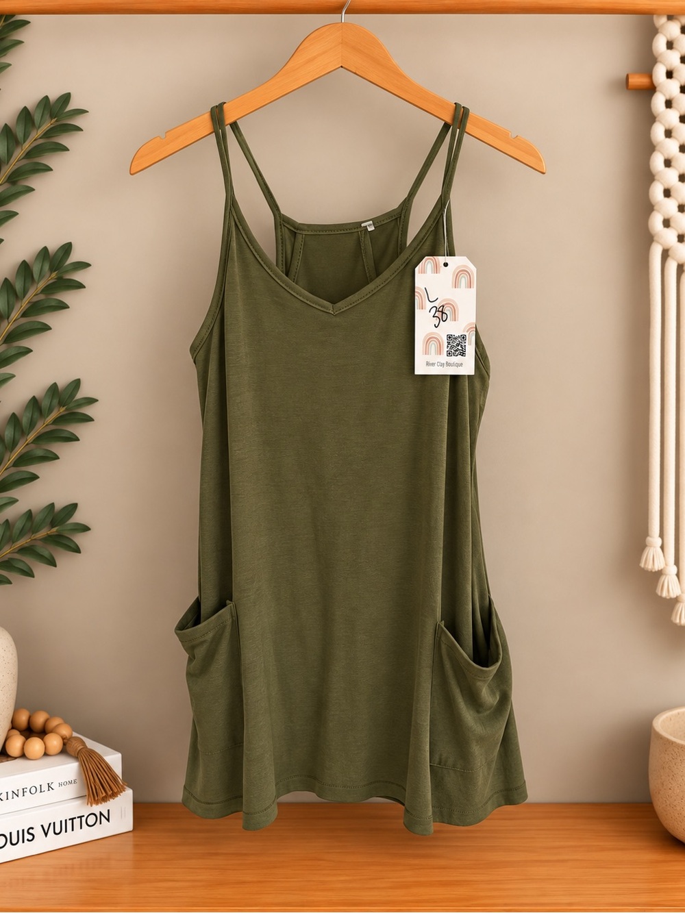 Olive Green Women's Double-Strap Tank Top with Pockets